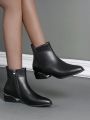Women's Fashion Pointed-toe Black Short Boots With Side Zipper, Mid-heel Chunky Sole, Non-slip And Comfortable