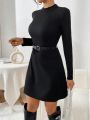 SHEIN Essnce Women's Stand Collar Long-sleeved Ribbed Knitted Sweater Dress