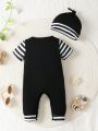 Infant Boys' Cute Striped Letter Printed Short Sleeve Jumpsuit With Hat, For Spring/Summer
