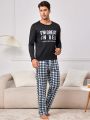 Men's Letter Printed T-shirt And Plaid Long Pant Homewear Set