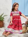 SHEIN Kids EVRYDAY Young Girl Woven Geometric Pattern Round Neck Loose Casual Dress