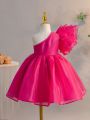 SHEIN Kids Nujoom Little Girls' Casual One Shoulder Layered Ruffle Sleeve Tulle Dress With Flared Hem