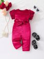 SHEIN Baby Girl'S Elegant & Romantic Short Sleeve Romper With 3d Rose Decoration, Including Belt, Suitable For Spring/Summer Parties