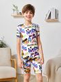 SHEIN 2pcs/Set Teen Boys' Tight-Fit Casual Round Neck Patterned Short Sleeve T-Shirt And Shorts Sleepwear