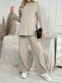 SHEIN Knitted Long Sleeve Top And Pants For Pregnant Women, 2pcs/set