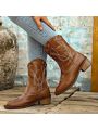 Pointed Toe Thick Heel Short/mid-calf Retro Cowboy Boots For Western Outfit And Travel In Prairies
