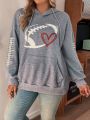 Plus Size Women's Rugby Style Hoodie With Heart Print And Drawstring