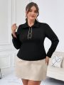 SHEIN Privé Plus Size Colorblock Trim Long Sleeve Polo Shirt