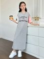 SHEIN Kids SUNSHNE Tween Girls' Knitted Color Block Dress With Slogan Print, Loose Fit, Round Neckline