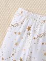 2pcs/Set Baby Girl White Short Sleeve T-Shirt With Golden Print And Star Patterned Long Pants Pajama Set