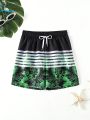 Teen Boys' Tropical Plant Printed Drawstring Waist Beach Shorts With Patchwork