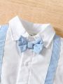 Baby Boy's Gentleman Style Romper With Bowtie, Blue & White Colorblock Design, Full Button Front