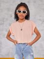 SHEIN Kids EVRYDAY Tween Girls' Knitted Round Neck Solid Color Cropped Casual Short Sleeve T-Shirt