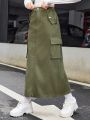 SHEIN Teen Girls' Casual Denim Workwear Pocket A-Line Skirt