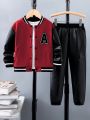 SHEIN Kids EVRYDAY Young Boy Letter Patched Striped Trim Varsity Jacket & Pants Without Tee