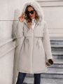 Plus Size Fuzzy Trim Drawstring Waist Warm Lined Hooded Winter Coat
