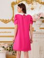 Teen Girls' Beaded Detail Contrast Color Peter Pan Collar Bubble Short Sleeve Dress