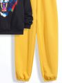 SHEIN Boys' Casual Animal Print Hooded Pullover & Solid Color Knit Pants Set
