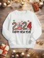 Girls' Casual New Year'S 2024 Pattern Long-Sleeved Round Neck Sweatshirt Suitable For Autumn And Winter