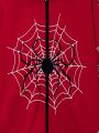 SHEIN Teen Boys' Casual Street Cool Spider Printed Zip Up Hoodie