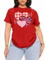 Plus Size Women's Heart & Leopard Print Short Sleeve T-shirt