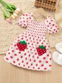 SHEIN Kids CHARMNG Toddler Girls' Lovely Strawberry & Polka Dot Print Bubble Sleeve Dress With Embroidered Towel Decoration