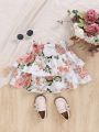 SHEIN Little Girls' Casual Floral Print Double-layered Hem Skirt For Vacation