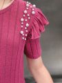 SHEIN Kids Nujoom Girl'S Pearl-Studded Flounced Sleeve Short Sleeve Dress, Casual Style