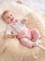 SHEIN Newborn Baby Boys' Color-block Collar Casual Shirt & Strap Pants Set With Bowtie Decoration