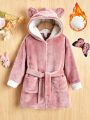 SHEIN Toddler Girls' Knit Patchwork Double-sided Plush Hooded Bathrobe For Autumn And Winter