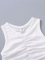 SHEIN Kids EVRYDAY 1pc Young Girls' Casual White Round Neck Sleeveless Thin Vest, Summer