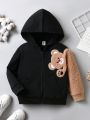 SHEIN Toddler Boys' Casual Hooded Sweatshirt With Bear Embroidery And Zipper Placket
