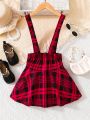 SHEIN Kids FANZEY Toddler Girls' Sweet Red Plaid Overall Skirt With Suspenders Perfect For Autumn