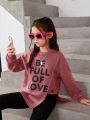 SHEIN Tween Girls' Sweet & Cool Knitted Printed Round Neck Pullover Sweatshirt With Long Sleeves
