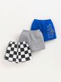 SHEIN Baby Boys' Letter Print Black And White Plaid Solid Shorts 3pcs Outfit Set