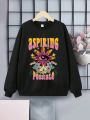Teen Girls' Casual Letter & Eye Print Long Sleeve Round Neck Sweatshirt Suitable For Autumn And Winter