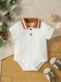 Baby Boy Gentlemen Style Sporty Color Block Short Sleeve Polo Collar Half Open Jumpsuit, Triangle Romper, Casual Spring Summer Outfits