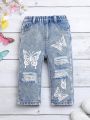 Baby Girls' Butterfly Printed Distressed Jeans