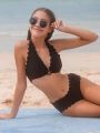 Teenage Girls' Bikini Set With Seashell Trimmed Heart Shaped Circle Pendant Halter Neck Bra And Triangle Bottoms
