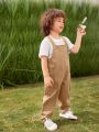 SHEIN Kids EVRYDAY Young Boy Casual Comfortable Side Stripe Bib Overalls Jumpsuit With Pocket, 2pcs/Set