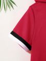 SHEIN Boys' Red Short Sleeved Shirt With Single Button Closure, Athletic Design & Woven Band Collar
