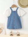 Baby Girl Heart Print Flap Pocket Denim Overall Dress Without Tee