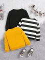 SHEIN Baby Boy Striped Printed Round Neck Long Sleeve Pullover Sweatshirt Thin 3pcs/Set Outfit
