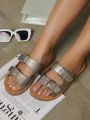 Wide Fit Faux Leather Double Buckle Slides
