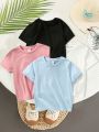 SHEIN Kids EVRYDAY 4pcs/Set Boys' Casual, Simple, Practical, Cute, Soft And Comfortable, Breathable, Short Sleeved Clothes Suitable For Spring And Summer School