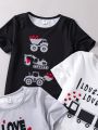 SHEIN Kids EVRYDAY Boys' Cool Printed Casual T-shirt With Excavator, Bulldozer, Car, Heart Pattern