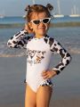Young Girl's Cow Print Long Sleeve One-Piece Swimsuit With Shoulder Pad