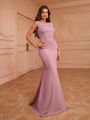 SHEIN Belle Bridesmaid Dress With Beaded Embroidery Flower Applique On Shoulder, Hollow Back And Mermaid