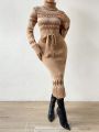 SHEIN Frenchy Geo Pattern Turtleneck Belted Sweater Dress