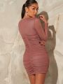 Mienne Sweetheart Neck Ruched Mesh Bodycon Dress